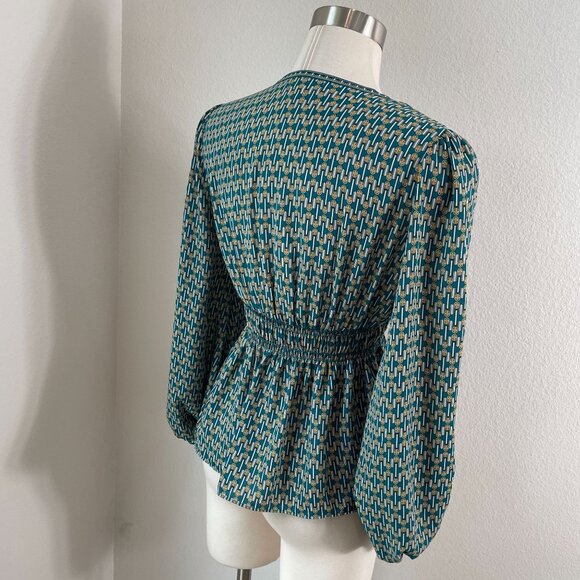 Max Studio Womens Small Geometric V Neck Peplum Blouse Teal White Yellow Shirt - Picture 4 of 13